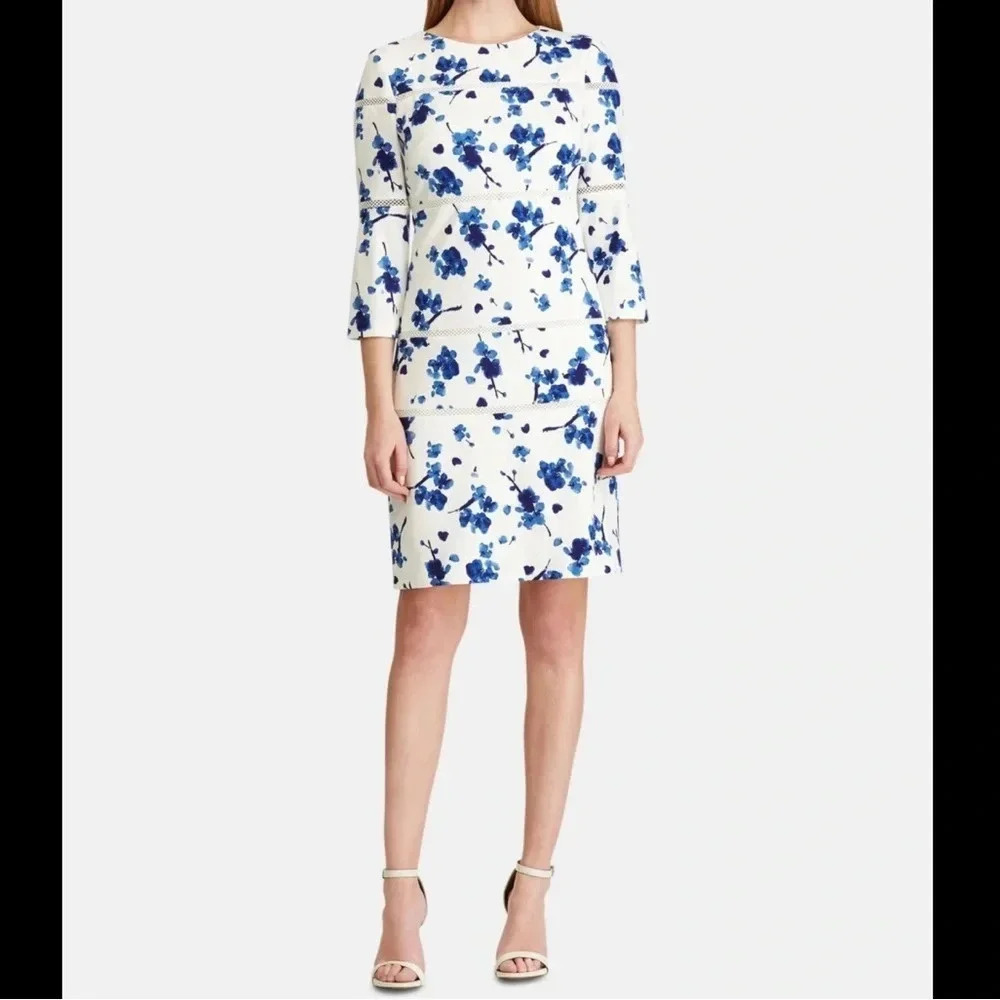 Lauren‎ Ralph Lauren Lace-Trim Floral Knee Length Dress - Size 10 - Blue - NWT